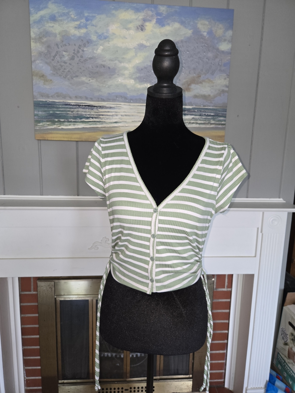 Striped Sage Green V-Neck Top